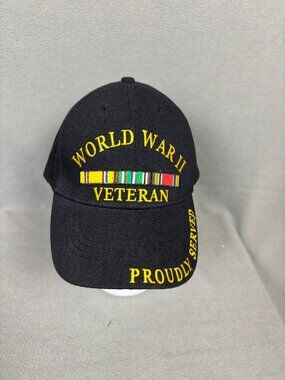 World War II Veteran Proudly Served Black Cap Service Ribbon Embroidery OS NWT's